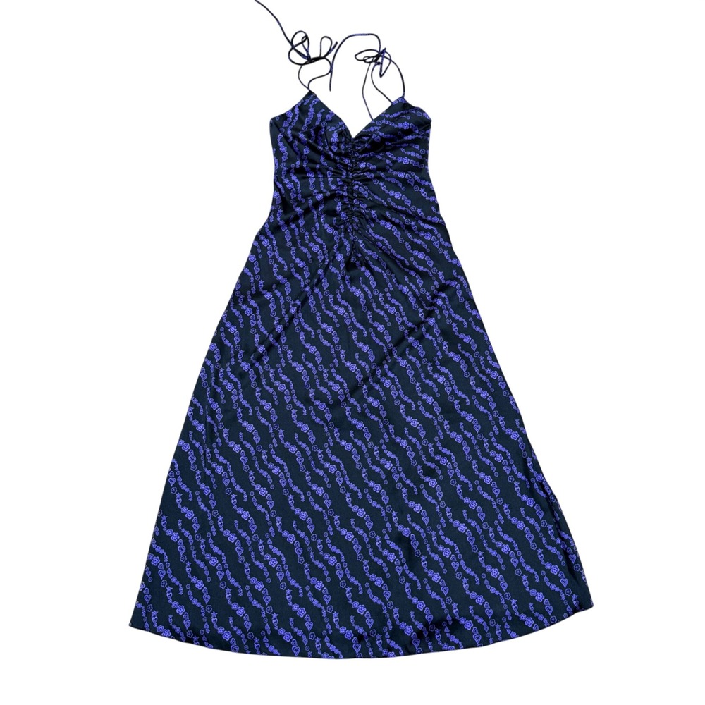 SANDRO Thais Ruched Crossback A-Line Midi Dress Noir Violet Heart Print 36 US 4 - Picture 2 of 14